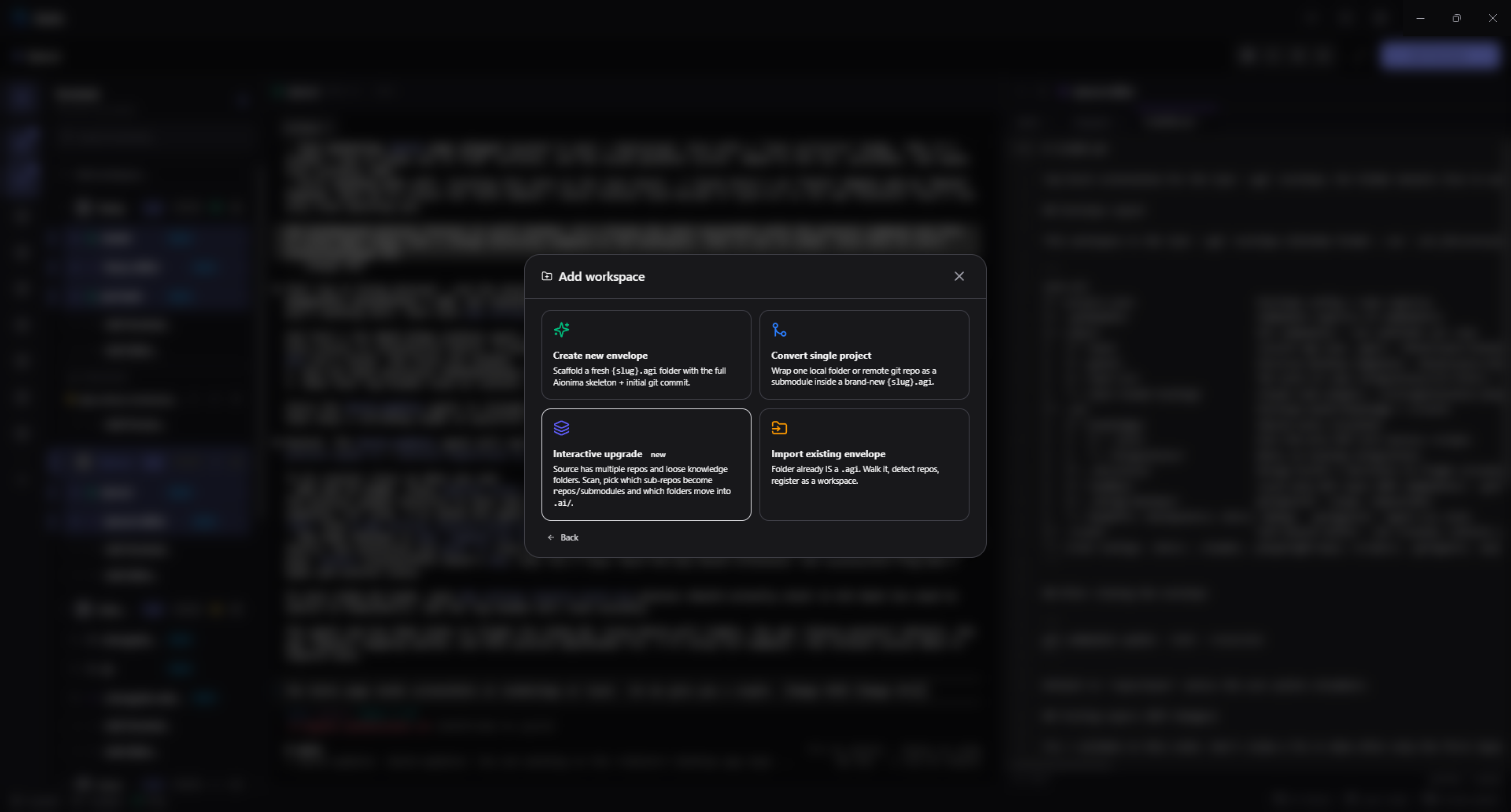 Genie's Add Workspace dialog — open a local folder or clone a remote git URL, and create, convert, or import an Aionima .agi envelope.