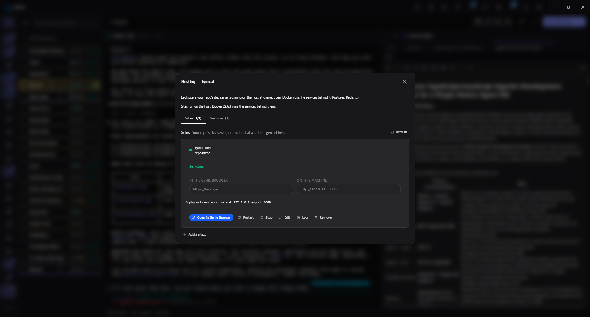 Genie's Hosting panel for a workspace — a site running on the host at a stable .gen address, with the services behind it on a second tab.