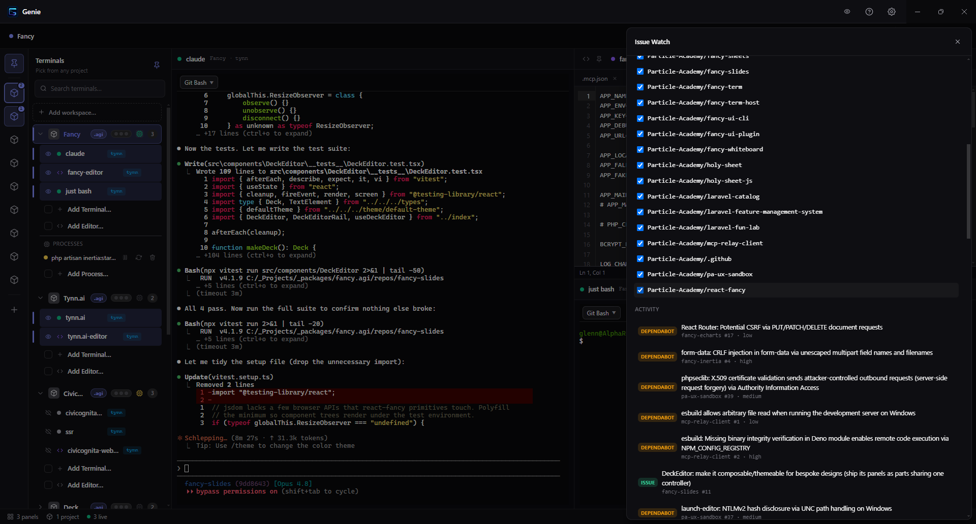 Genie's Issue Watch panel listing a workspace's GitHub repos with a feed of open issues, PRs, and Dependabot alerts.