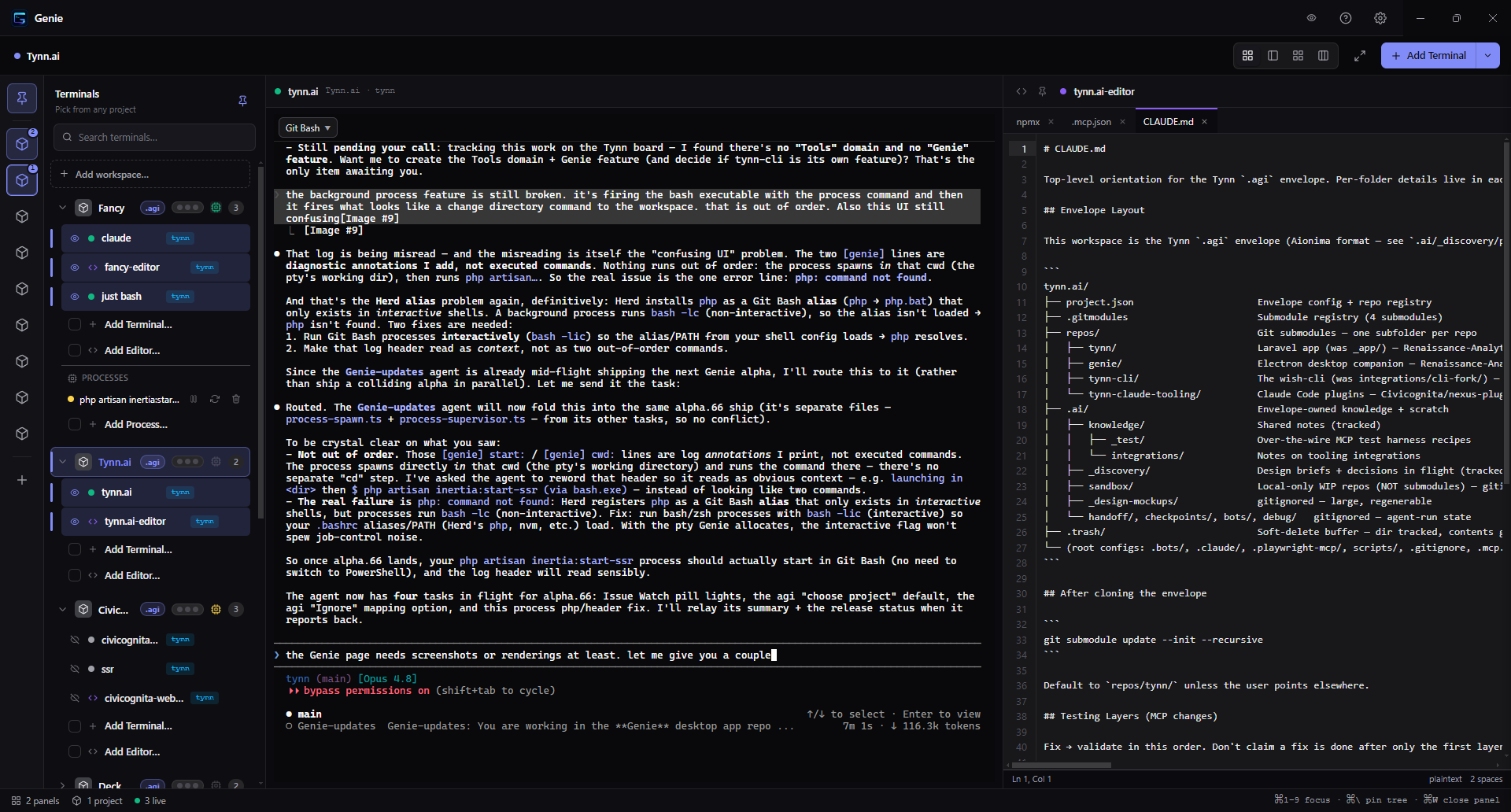 Genie desktop app — multiple projects in the rail, terminals and an editor side by side, background processes, all in one window.